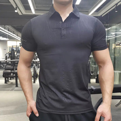 Close-up of the premium polyester fabric of Men's Luxury Breathable Compression Shirt, highlighting its elasticity and breathability for optimal comfort.
