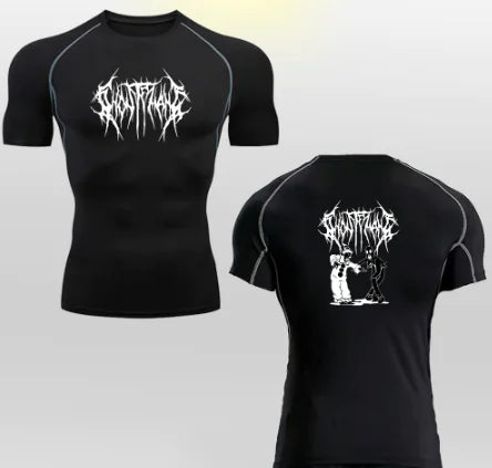 Elegant short-sleeve black compression T-shirt with unique 2D printed artwork, designed for athletic wear during rigorous training.
