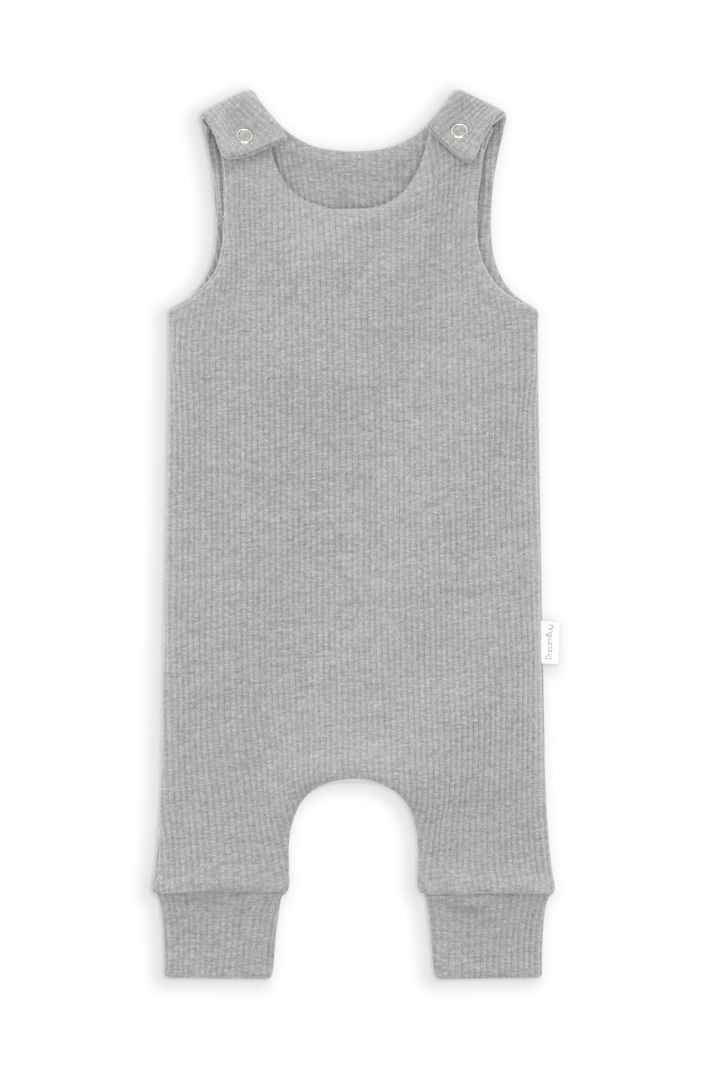 Luxury personalised dove grey dungarees for babies by DreamBuy, crafted from soft and breathable fabric for ultimate comfort.