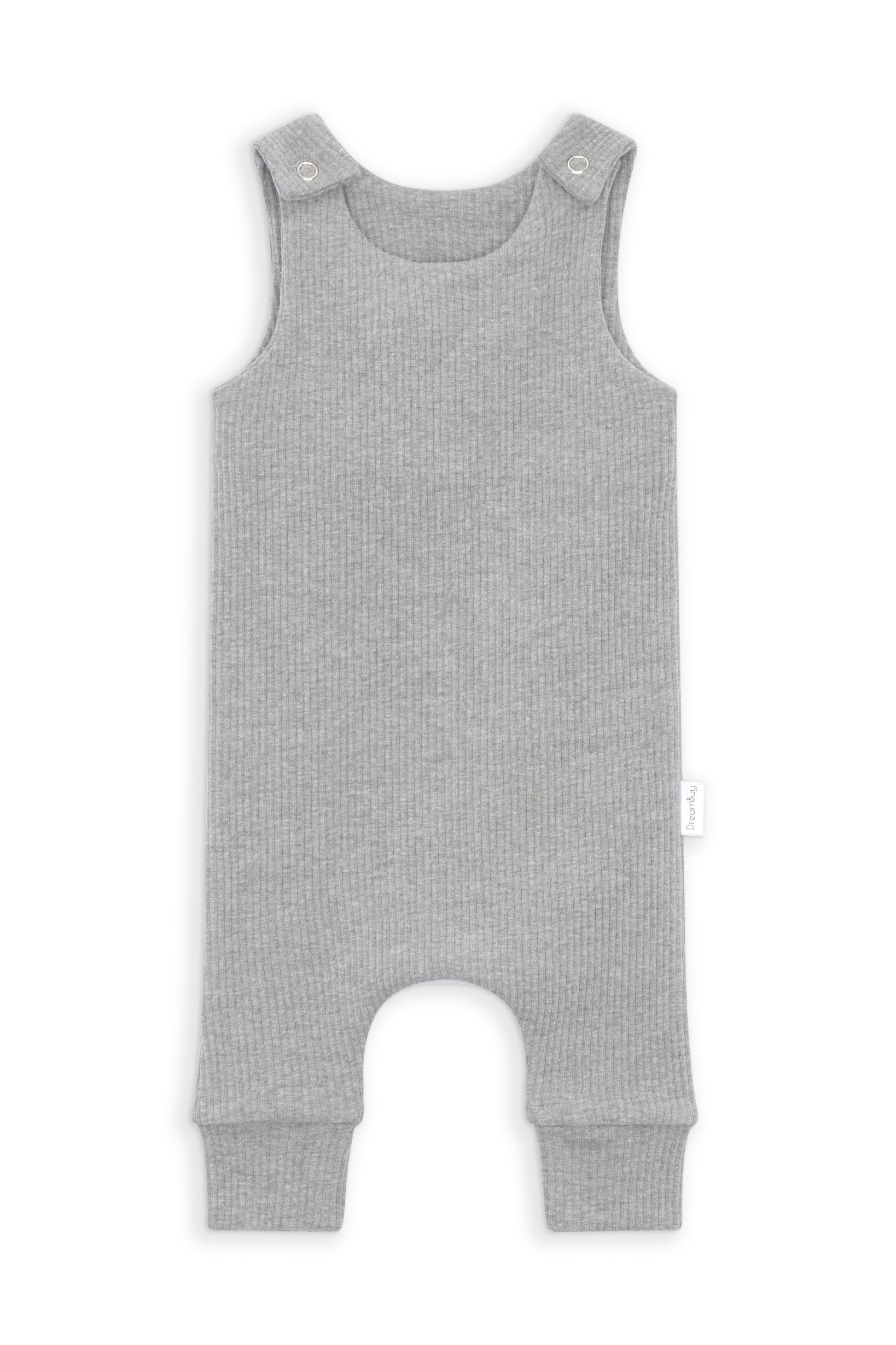 Luxury personalised dove grey dungarees for babies by DreamBuy, crafted from soft and breathable fabric for ultimate comfort.