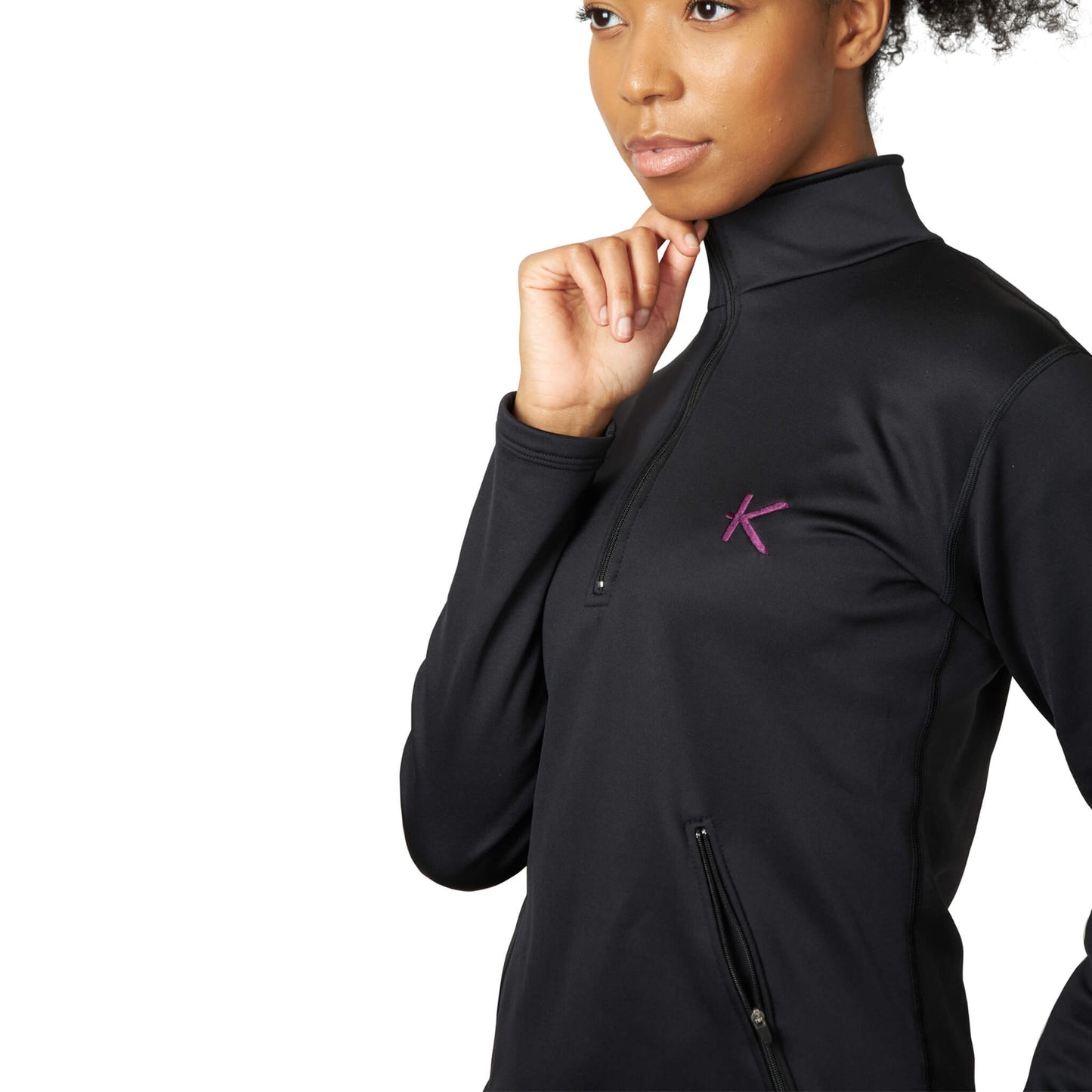 KYMIRA women's half zip fleece showcasing two zip secured pockets, ideal for secure storage during workouts.