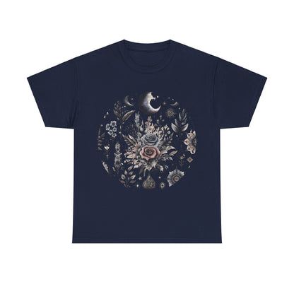 Pure Symphony Floral Graphic Tee featuring vibrant floral graphics on a navy background, a luxurious expression of nature-inspired casual wear for spring and summer.