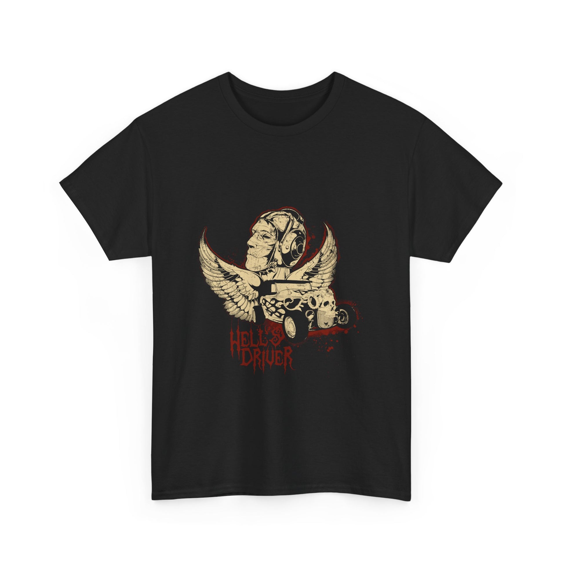 Premium black graphic t-shirt showcasing the angelic winged 'Hell's Driver' design, embodying edgy elegance and unique artistry.