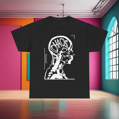 CHAOS Graphic Unisex T-Shirt in Premium Cotton featuring a striking black and white X-ray design of a human silhouette, set against a vibrant modern interior backdrop.