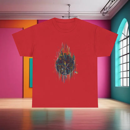 Millenium Falcon Abstract Art Graphic T-Shirt in vibrant red, showcasing an exquisite artistic design that appeals to sci-fi enthusiasts.
