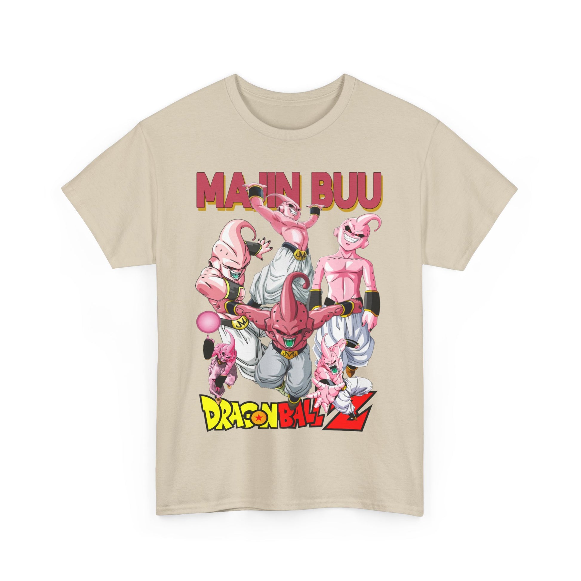Luxurious beige t-shirt featuring dynamic artwork of Majin Buu characters from Dragon Ball Z, perfect for anime collectors and enthusiasts.