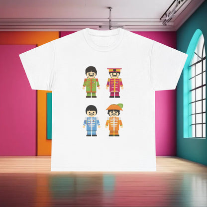 The Toy Beatles Graphic T-Shirt Urban Unisex Cotton Tee presented in a classic white option, adorned with playful cartoon figures of The Beatles, embodying sophistication and a love for music history.