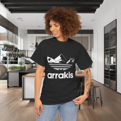 Arrakis Dune Graphic T-Shirt in classic black, elegantly styled with a bold fantasy-themed design. Perfect for casual occasions and a must-have for luxury streetwear.