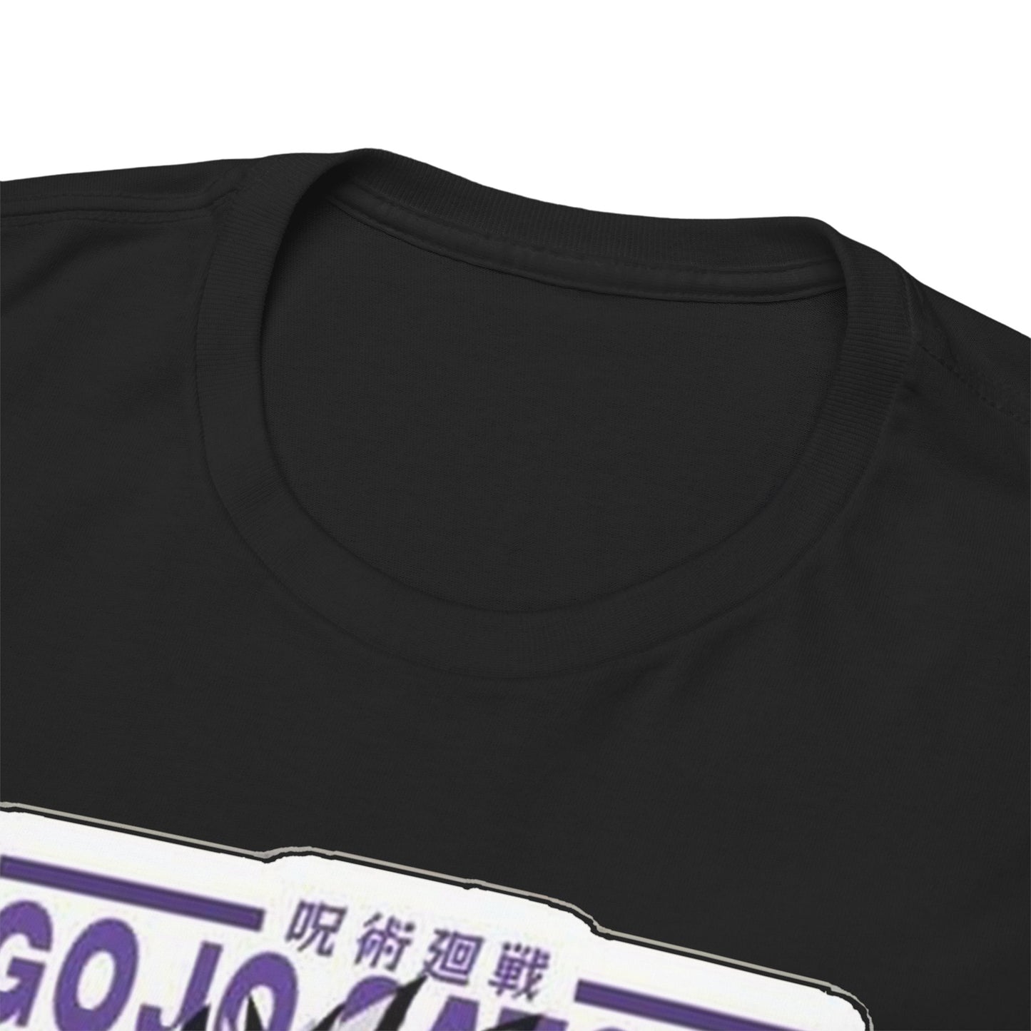 Close-up view of the neckline of a Gojo Satoru T-shirt, showcasing high-quality craftsmanship and intricate design from *Jujutsu Kaisen*, epitomizing style and comfort.