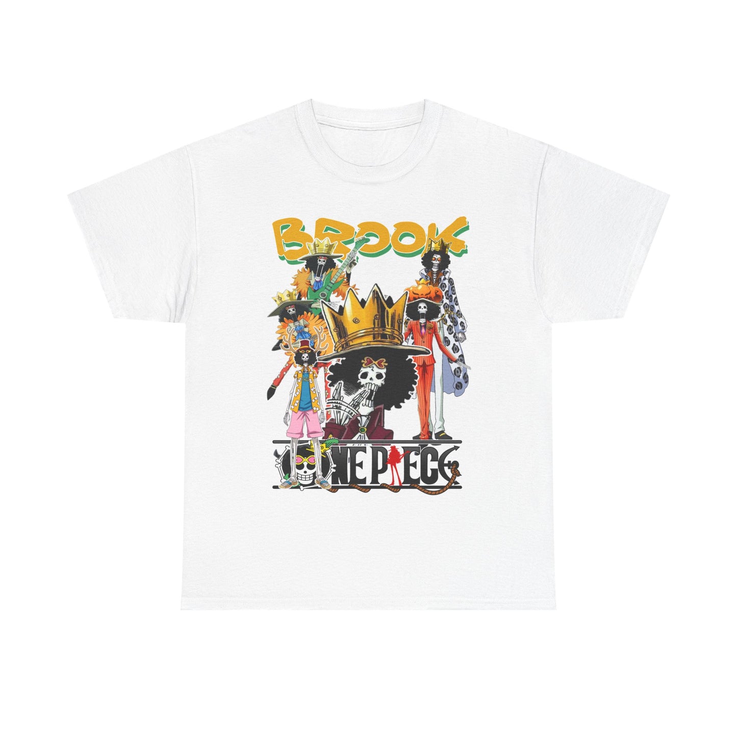 Classy white anime t-shirt adorned with an artistic collage of Brook characters, perfect for anime lovers looking for a chic outfit.