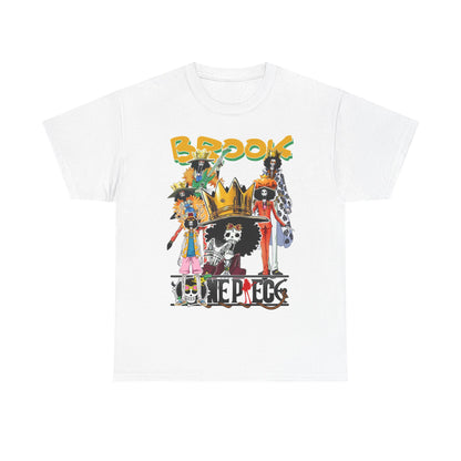 Classy white anime t-shirt adorned with an artistic collage of Brook characters, perfect for anime lovers looking for a chic outfit.