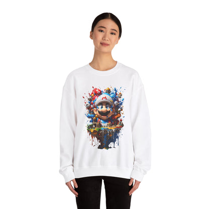 A graceful model wearing a white Computer Game Character Unisex Crewneck Sweatshirt with a vibrant gaming character print, embodying comfort and style in a contemporary setting.