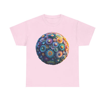 Iridescent Floral Sphere Unisex Cotton Tee Graphic T Shirt featuring a vibrant floral sphere graphic on a soft pink tee, designed for a luxurious yet casual look.