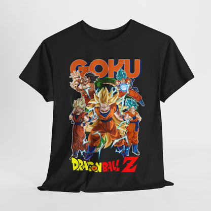 Premium quality Goku Power Surge T-shirt showcasing multiple dynamic poses of Goku from Dragon Ball Z, featuring vibrant graphics on a sleek black background. Ideal for anime enthusiasts seeking stylish comfort and bold expression.