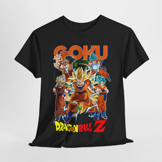 Premium quality Goku Power Surge T-shirt showcasing multiple dynamic poses of Goku from Dragon Ball Z, featuring vibrant graphics on a sleek black background. Ideal for anime enthusiasts seeking stylish comfort and bold expression.