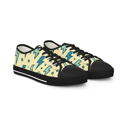 Stylish Bolt Stride Men's Lowtop Sneakers by Printify featuring an artistic pop art design with a cream background and pale blue lightning bolt accents, perfect for luxury casual wear.