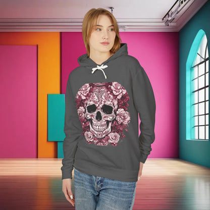 Front view of a stylish Unisex Lightweight Hooded Sweatshirt with a striking designer skull and roses motif, perfect for making a bold fashion statement.
