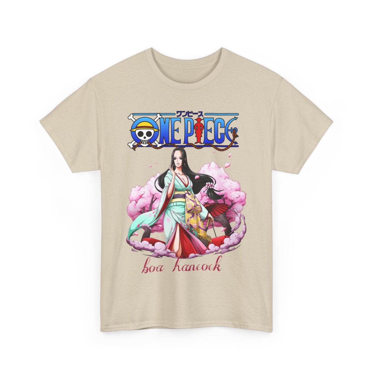 A chic beige men's t-shirt adorned with a captivating graphic of Boa Hancock from 'ONE PIECE', representing elegance and anime passion.