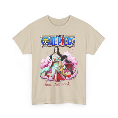 A chic beige men's t-shirt adorned with a captivating graphic of Boa Hancock from 'ONE PIECE', representing elegance and anime passion.