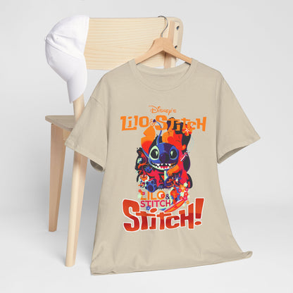 Stylish Lilo & Stitch t-shirt displayed on a wooden chair alongside a white cap, exuding a laid-back yet refined aesthetic, great for fashionable Disney lovers.