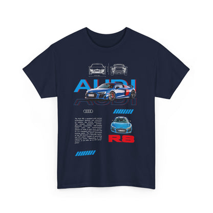 Front view of the navy blue Men's Audi R8 T-shirt with striking graphics, symbolizing a passion for luxury performance.