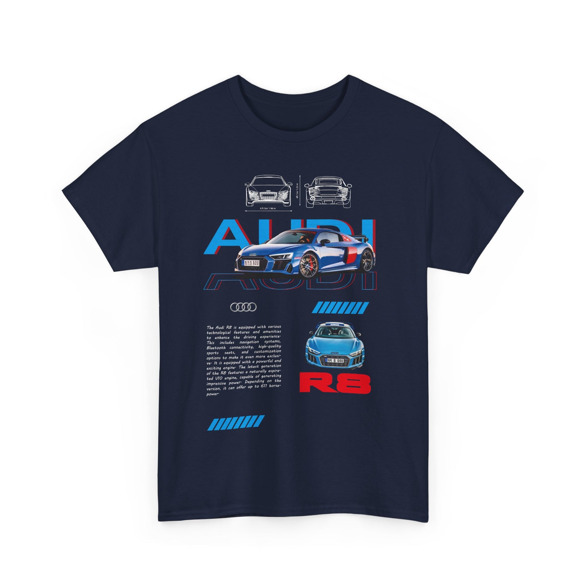 Men's Audi R8 T-Shirt featuring a bold graphic design showcasing the iconic Audi R8, perfect for car aficionados.