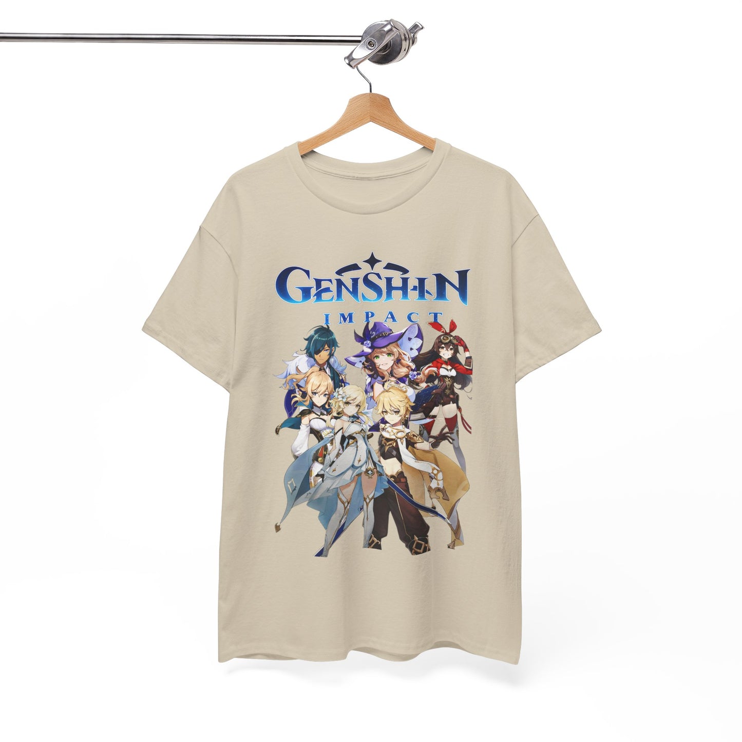 The Genshin Impact T-Shirt displayed on a hanger, featuring vivid character art that embodies the spirit of adventure, perfect for discerning fans of immersive gaming.