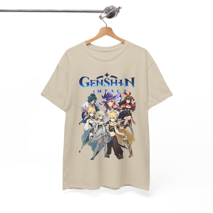 The Genshin Impact T-Shirt displayed on a hanger, featuring vivid character art that embodies the spirit of adventure, perfect for discerning fans of immersive gaming.