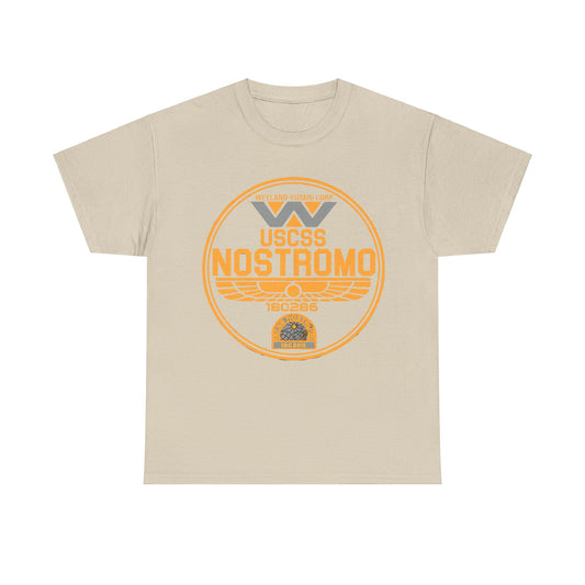 USCSS Nostromo Graphic Unisex Tee Shirt in beige, showcasing the iconic Nostromo logo, an elegant choice for film lovers.