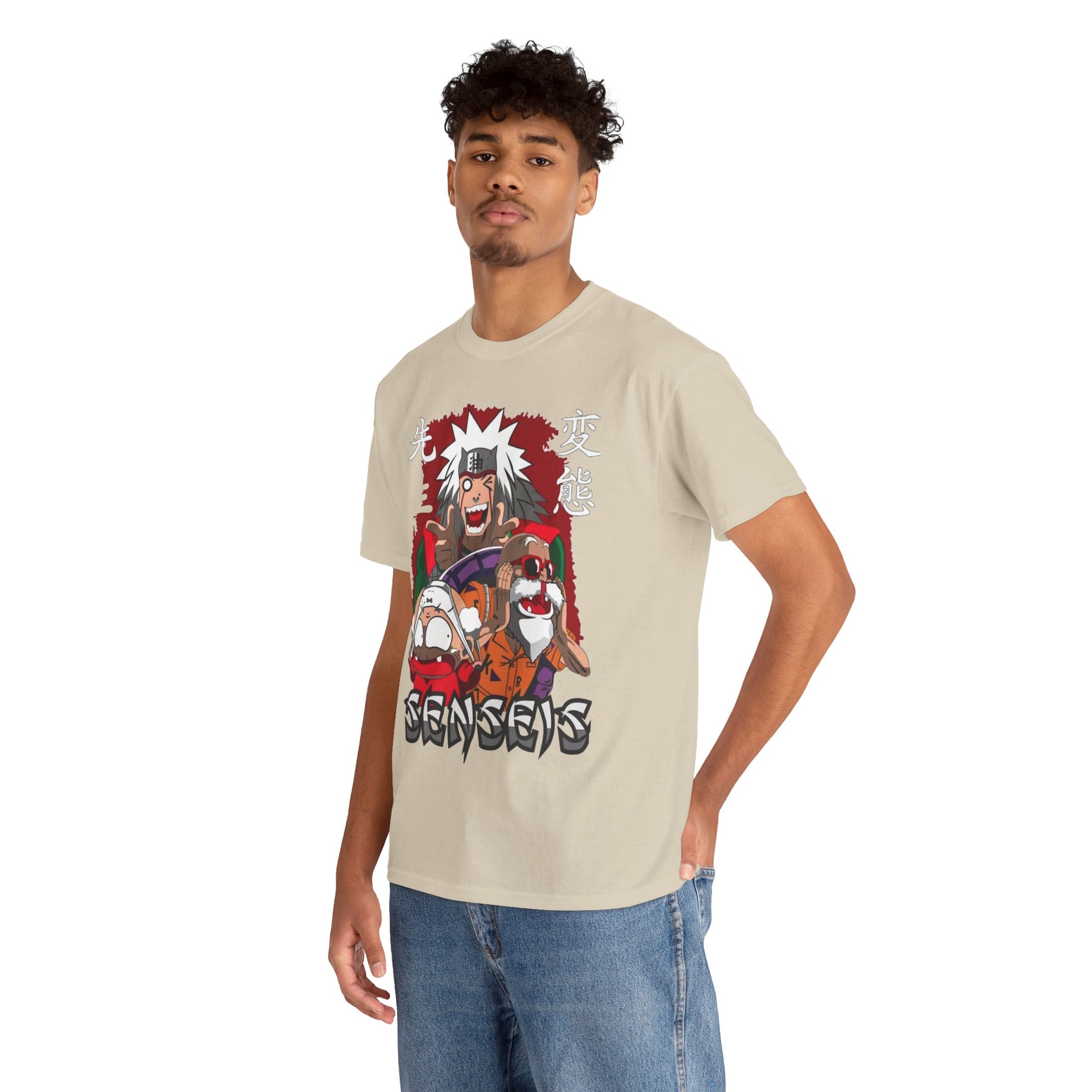 Stylish male model showcasing a premium beige Sensei graphic t-shirt with vibrant anime characters.