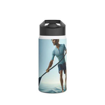 Fantasy Paddleboarding Stainless Steel Water Bottle featuring a stylish design, ideal for paddleboarding enthusiasts, showcased with a model in an elegant sports outfit.