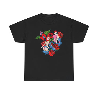 Luxurious black stylized pin-up t-shirt featuring vibrant graphic artistry of two enchantresses surrounded by roses and a symbolic heart pierced by a dagger.