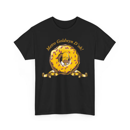 Elegant black t-shirt showcasing an amusing design of Homer Simpson in a donut, aptly named 'Metro Goldwyn D'oh!', perfect for casual chic looks.