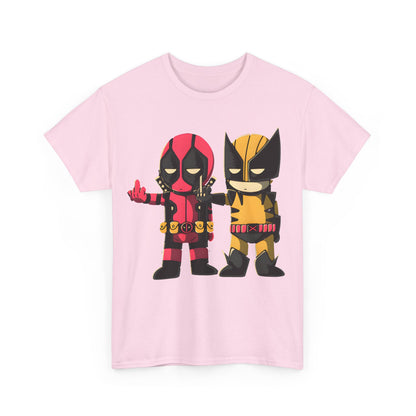 Charming pink graphic tee showcasing Deadpool and Wolverine as playful chibi characters, embodying luxury and fandom in the Deadpool and Wolverine Humorous Graphic collection.