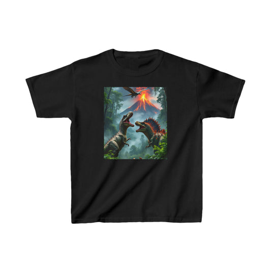 Kids Dinosaur Heavy Cotton Tee featuring a vibrant dinosaur design against a volcano backdrop, displayed in classic black.