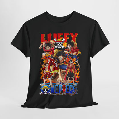 Elegant black men's t-shirt featuring a vibrant action-packed anime design showcasing iconic characters from an adventure series, perfect for anime enthusiasts.