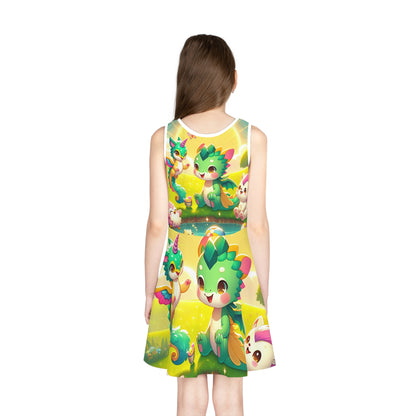 Stylish flat lay of the Lola Petitcouture Girls' Fantasy Animal Sundress by Dazzling Dreams Studio, highlighting its luxurious fabric and captivating fantasy animal illustrations, ideal for any summer occasion.