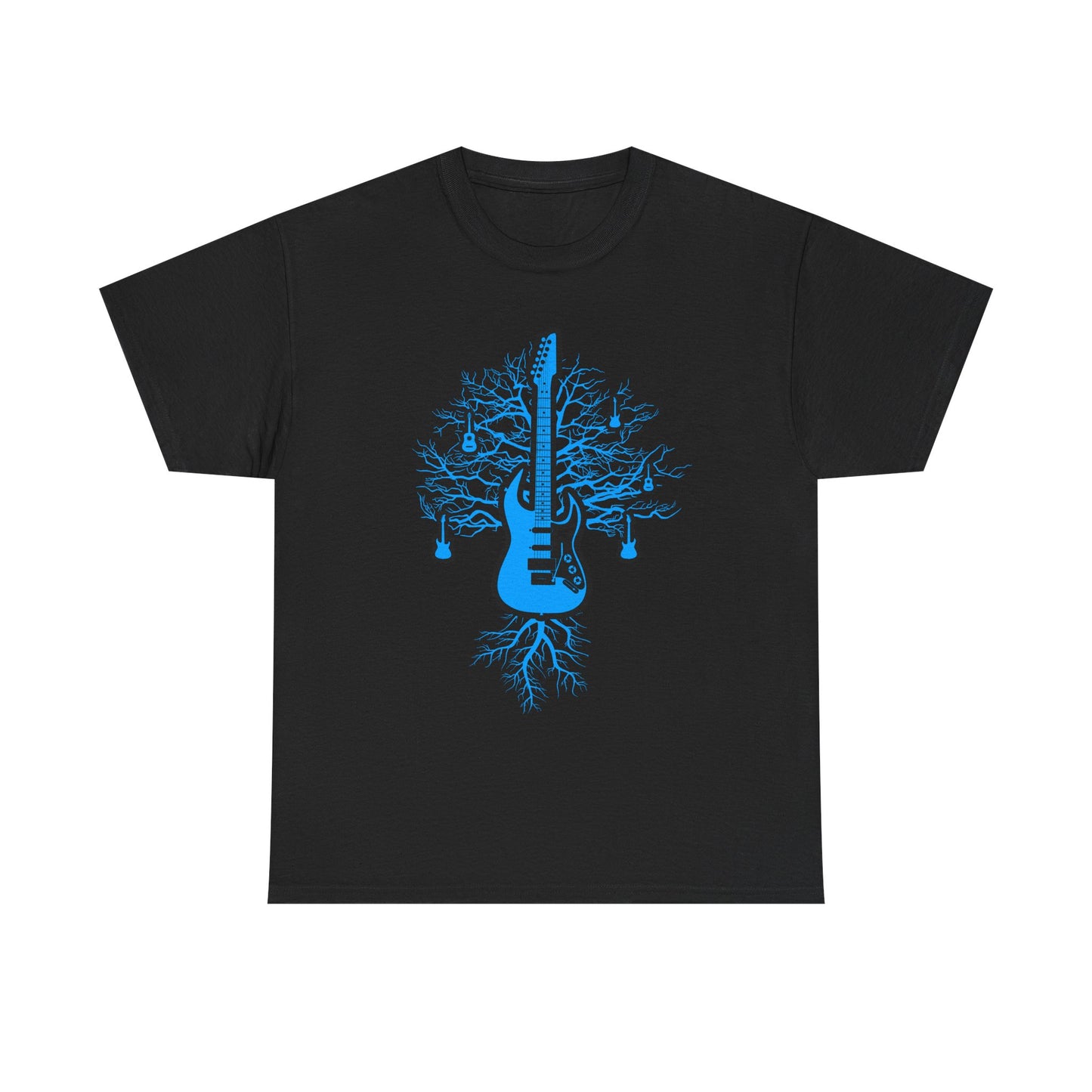 Elegant black t-shirt showcasing a striking electric guitar graphic entwined with tree roots, designed for music aficionados who appreciate modern artistry.