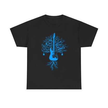 Elegant black t-shirt showcasing a striking electric guitar graphic entwined with tree roots, designed for music aficionados who appreciate modern artistry.