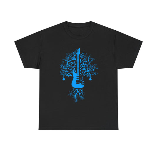 Elegant black t-shirt showcasing a striking electric guitar graphic entwined with tree roots, designed for music aficionados who appreciate modern artistry.