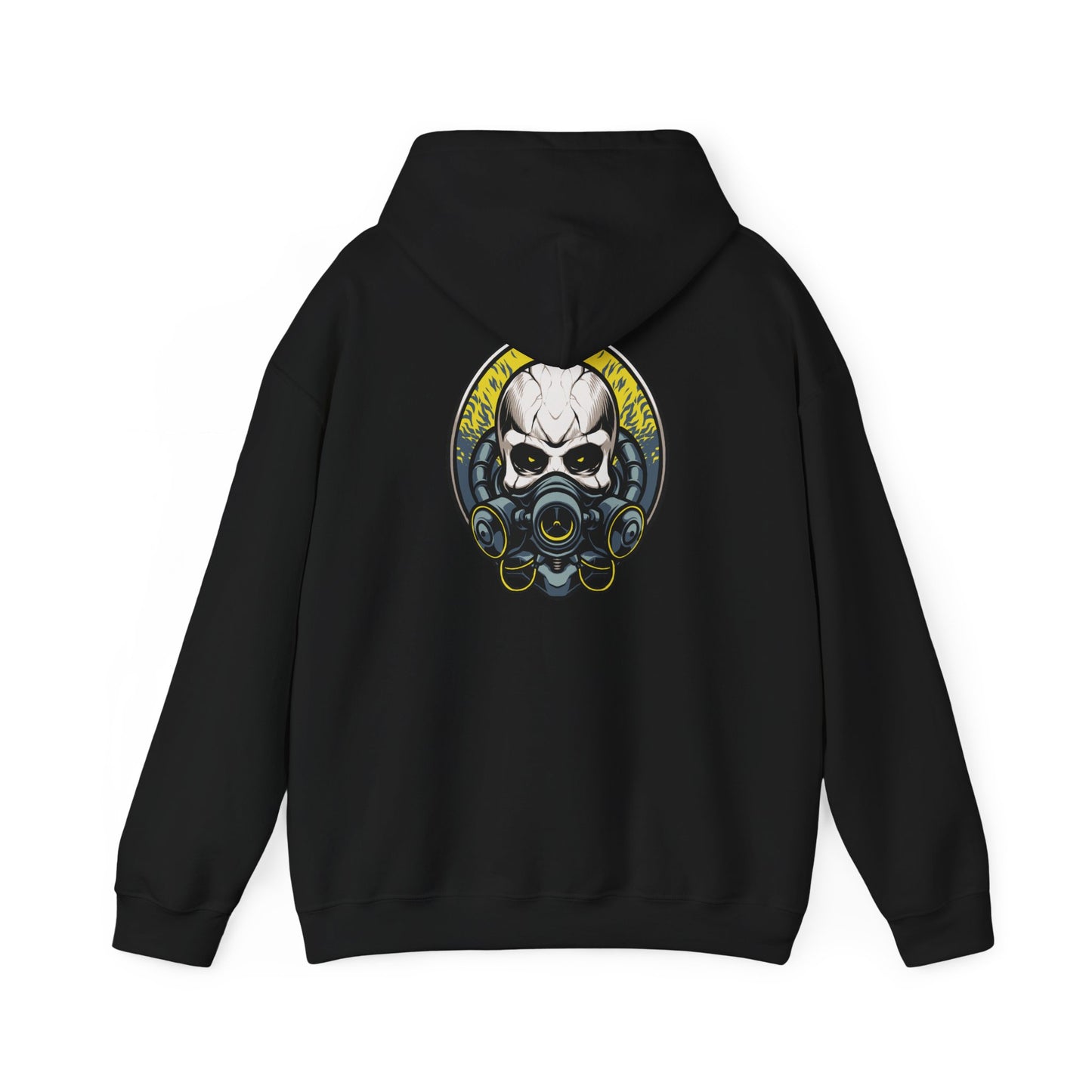 Luxurious Steampunk Skull Back Print Hoodie featuring a fierce gas mask design in vibrant golden accents, ideal for making a bold fashion statement.