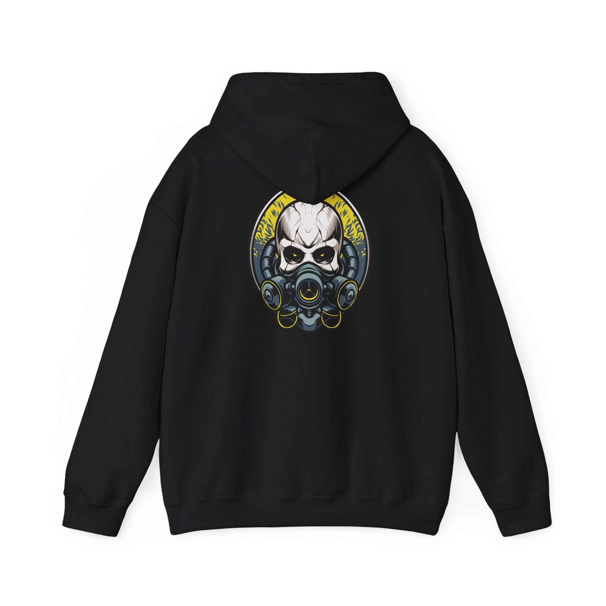 Luxurious Steampunk Skull Back Print Hoodie featuring a fierce gas mask design in vibrant golden accents, ideal for making a bold fashion statement.