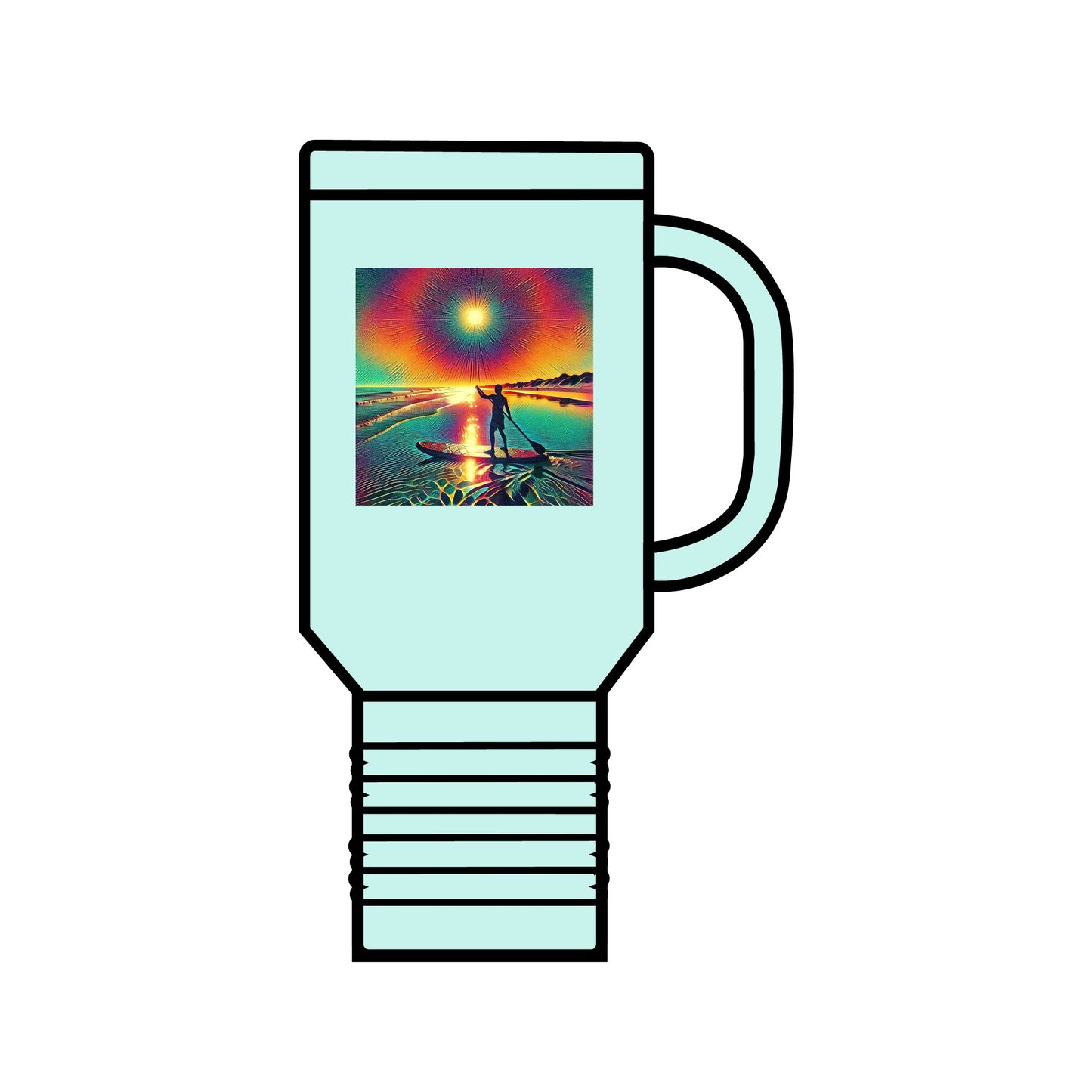 Fantasy Paddleboarding 40oz Insulated Travel Mug in mint green, decorated with a stunning sunset and paddleboarder image, perfectly blending elegance and functionality.