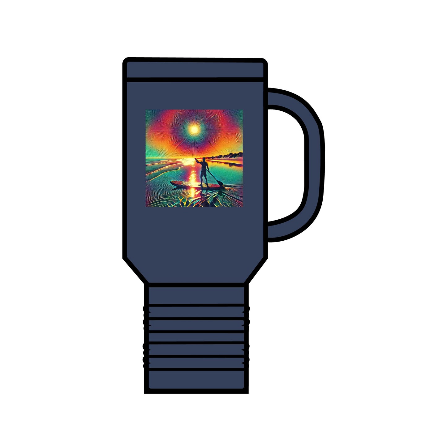 Fantasy Paddleboarding 40oz Insulated Travel Mug in an elegant navy blue, featuring a striking paddleboarding illustration, perfect for stylish travel and adventure.