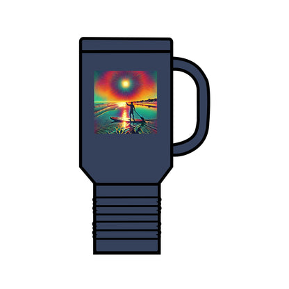 Fantasy Paddleboarding 40oz Insulated Travel Mug in an elegant navy blue, featuring a striking paddleboarding illustration, perfect for stylish travel and adventure.