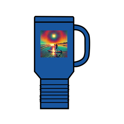 Fantasy Paddleboarding 40oz Insulated Travel Mug in blue, showcasing a colourful sunset graphic with a paddleboarder, ideal for stylish hydration during outdoor activities.