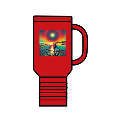 Fantasy Paddleboarding 40oz Insulated Travel Mug in red, featuring an artistic design with a vibrant sunset scene and a paddleboarder, enhancing your adventurous drink experience.