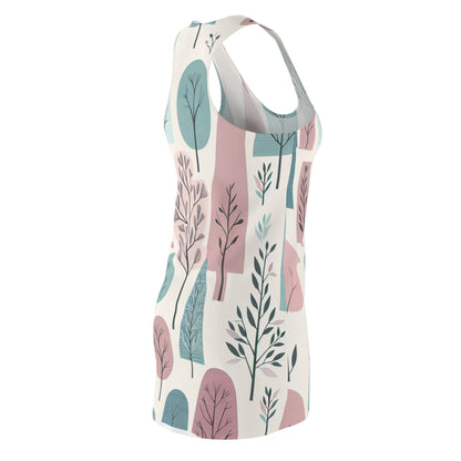 Close-up detail of the fabric of the Pastel Dream Tree Silhouette Dress, highlighting the soft pastel colours and stylish racerback design for comfortable fashion.