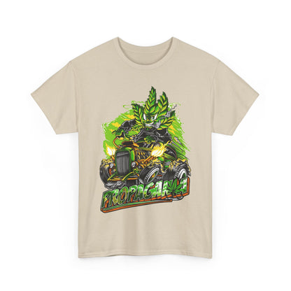 Sophisticated beige men's t-shirt adorned with a dynamic cannabis leaf character graphic and vintage hot rod illustration, blending art and style.