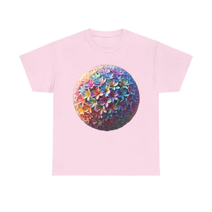 Iridescent Floral Sphere Unisex Cotton Tee Graphic T Shirt in soft pink, showcasing a vibrant floral sphere design.